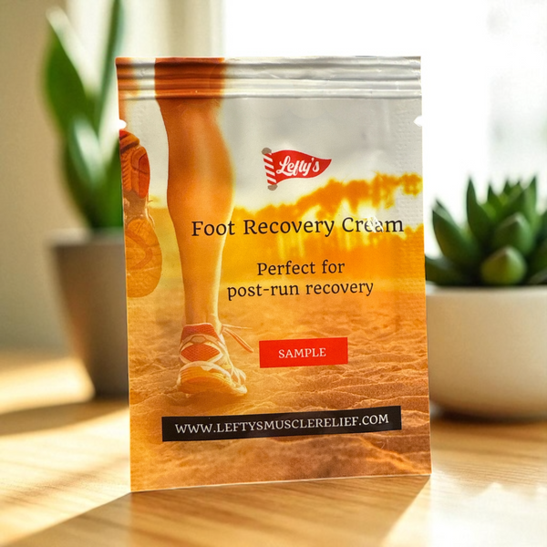 Leffy's Foot Recovery Cream packaging on a wooden surface with plants in the background