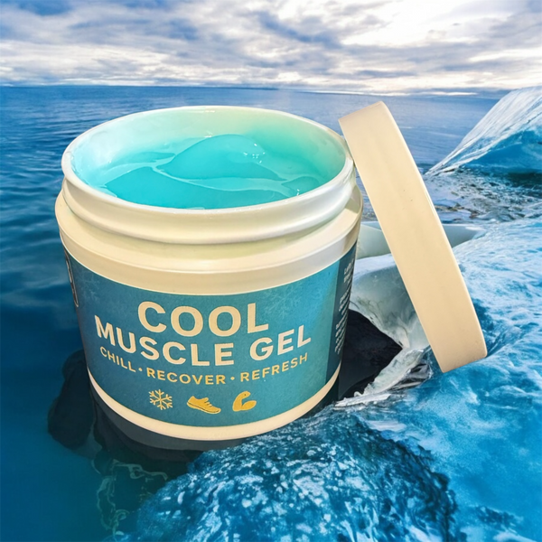 Jar of cool muscle gel with ocean background