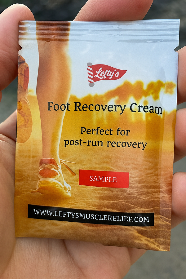 Leifty's Foot Recovery Cream sample packet held in a hand