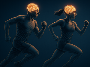 Illustration of a man and woman running with glowing brains above their heads on a dark background.