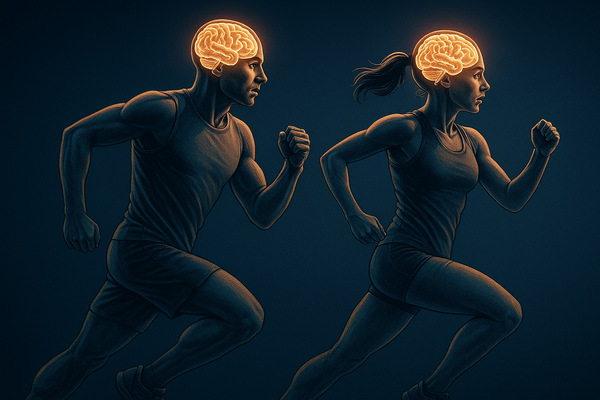 Illustration of a man and woman running with glowing brains above their heads on a dark background.