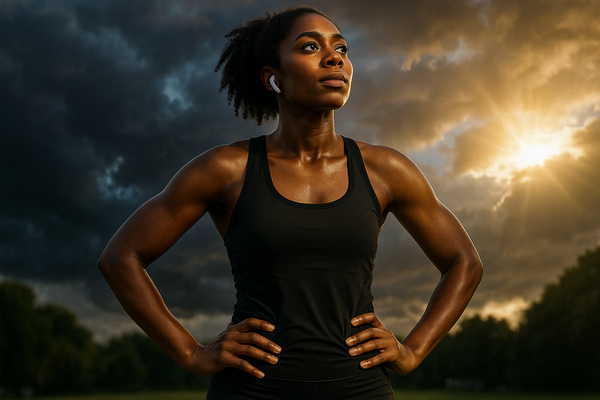 Woman in black tank top standing with hands on hips against a dramatic sky.