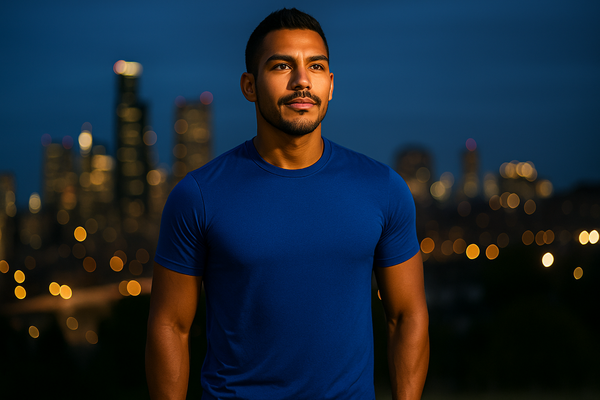 Man wearing a blue shirt standing against a city skyline at night.
