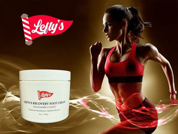 Woman running with Lefty's Recovery Foot Cream in the foreground on a dark background