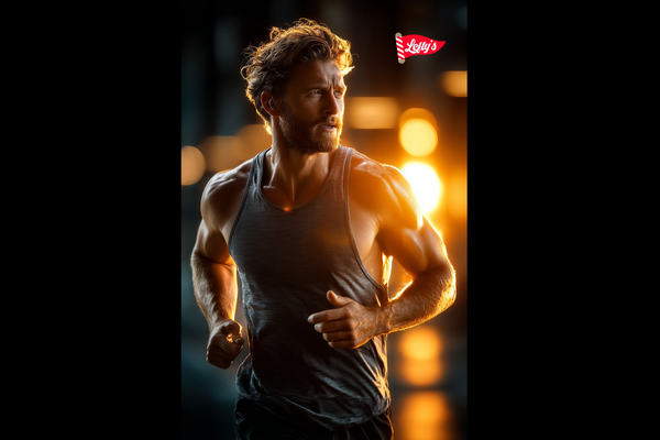Man running at night with a blurred cityscape background