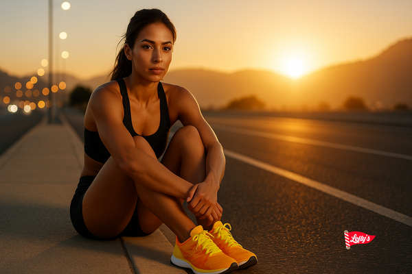 Woman in athletic wear sitting on a road at sunset with 'Levi's' logo.