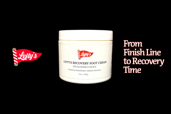 White jar of Lefty's Recovery Foot Cream with brand logo and text on a black background