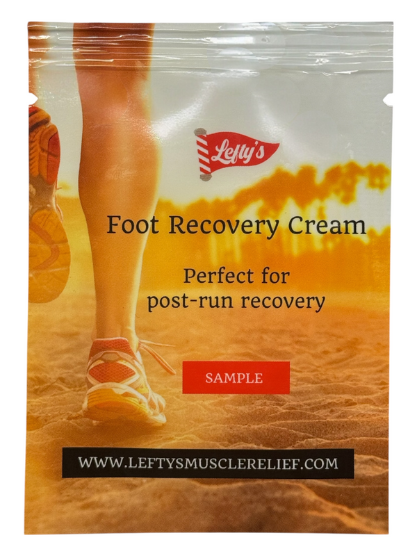 Package of Lefty's Foot Recovery Cream with a person walking on sand in the background.