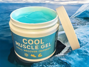 Jar of cool muscle gel with ocean background