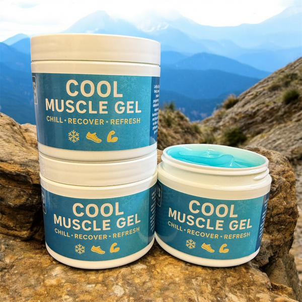 Cool Muscle Gel containers with a mountainous background