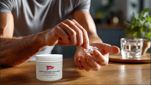 Man applying Lofner's Backache Pain Cream to his hand on a wooden table.